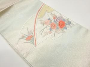 銀駒刺繍草花に紗綾形模様名古屋帯